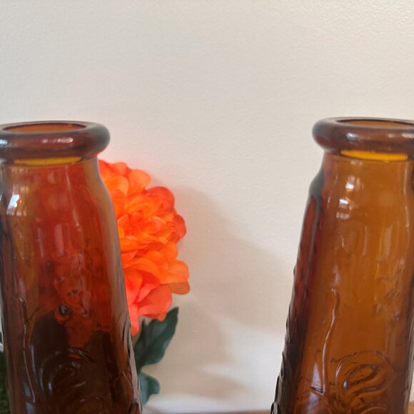 Vintage MCM Amber Glass Genie Bottles Pair Portugal Embossed Floral Decanter Vas - Picture 6 of 7